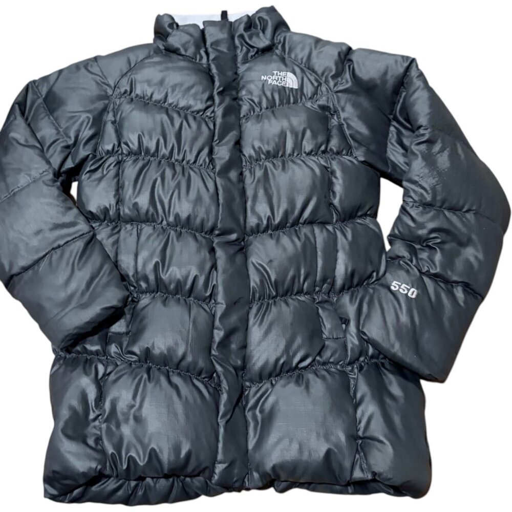 The North Face 550 Down Girls Puffer Coat Black Dark Grey Small 7/8